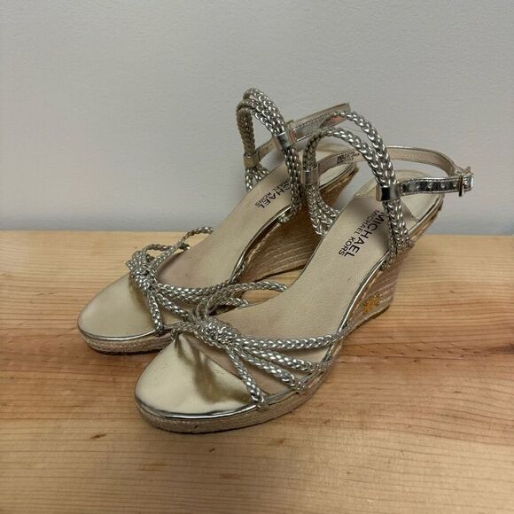Michael Kors Palm Beach Sandal Silver Boho Wedges Sz 8 - Picture 2 of 8